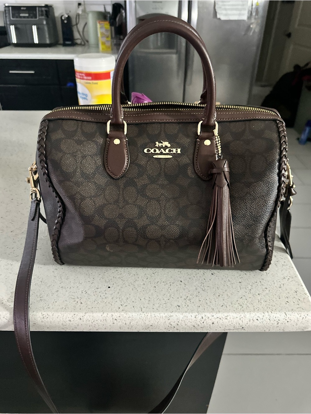 COACH Large Braided Rowan Maple Dark Brown Signature Satchel with Tassel